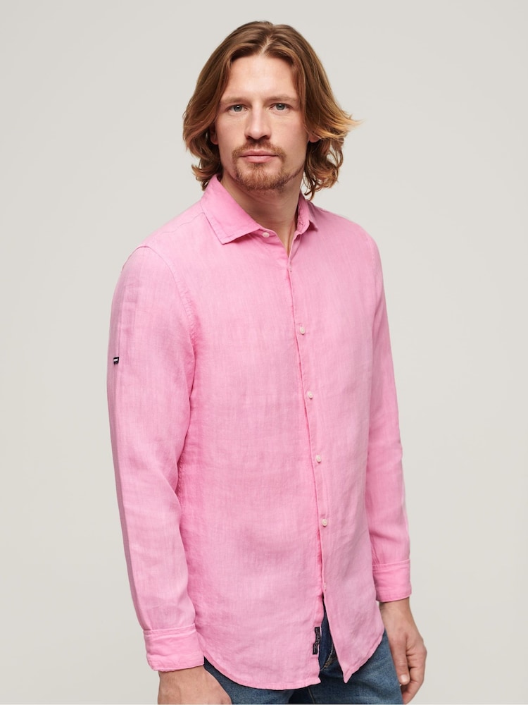 Superdry Fuchsia Pink Studios Casual 100% Linen Long Sleeved Shirt - Image 1 of 9