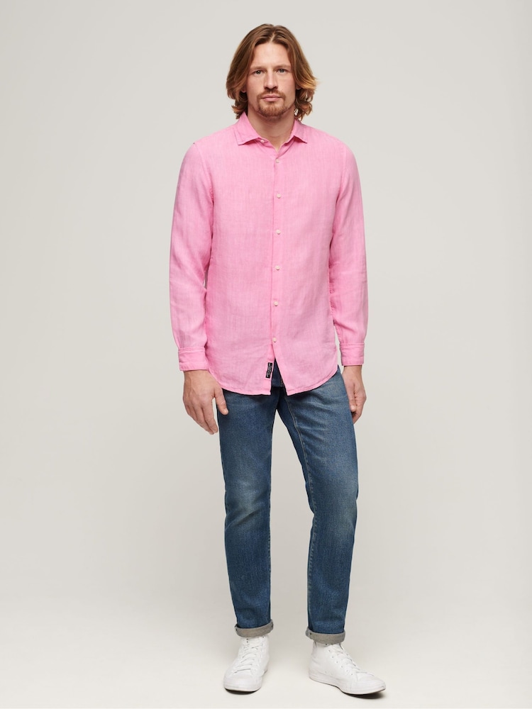 Superdry Fuchsia Pink Studios Casual 100% Linen Long Sleeved Shirt - Image 2 of 9