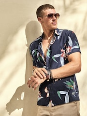 Superdry Dark Blue Short Sleeve Hawaiian Printed Shirt - Image 1 of 7