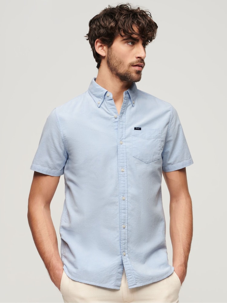 Superdry Blue Vintage Oxford Short Sleeve 100% Cotton Shirt - Image 1 of 9