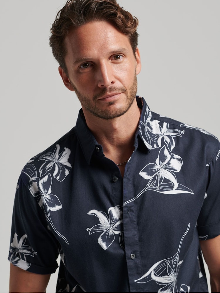 Superdry Mono Hibiscus Navy Short Sleeve Hawaiian Printed Shirt - Image 3 of 6