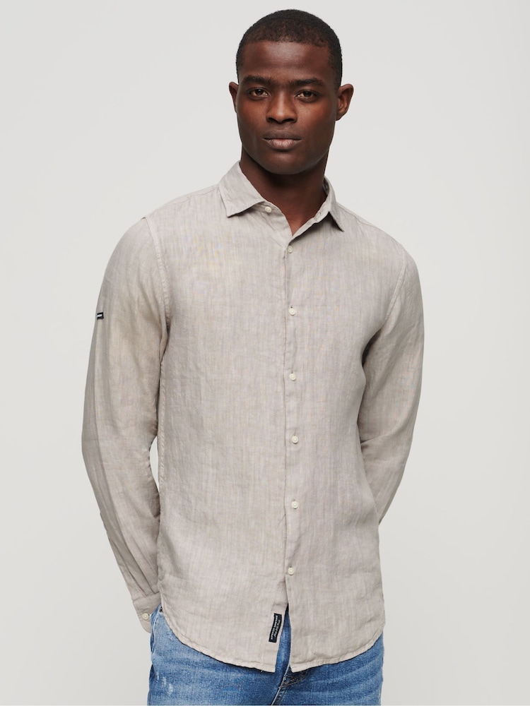 Superdry Ash Grey Studios Casual Linen Long Sleeved Shirt - Image 1 of 6