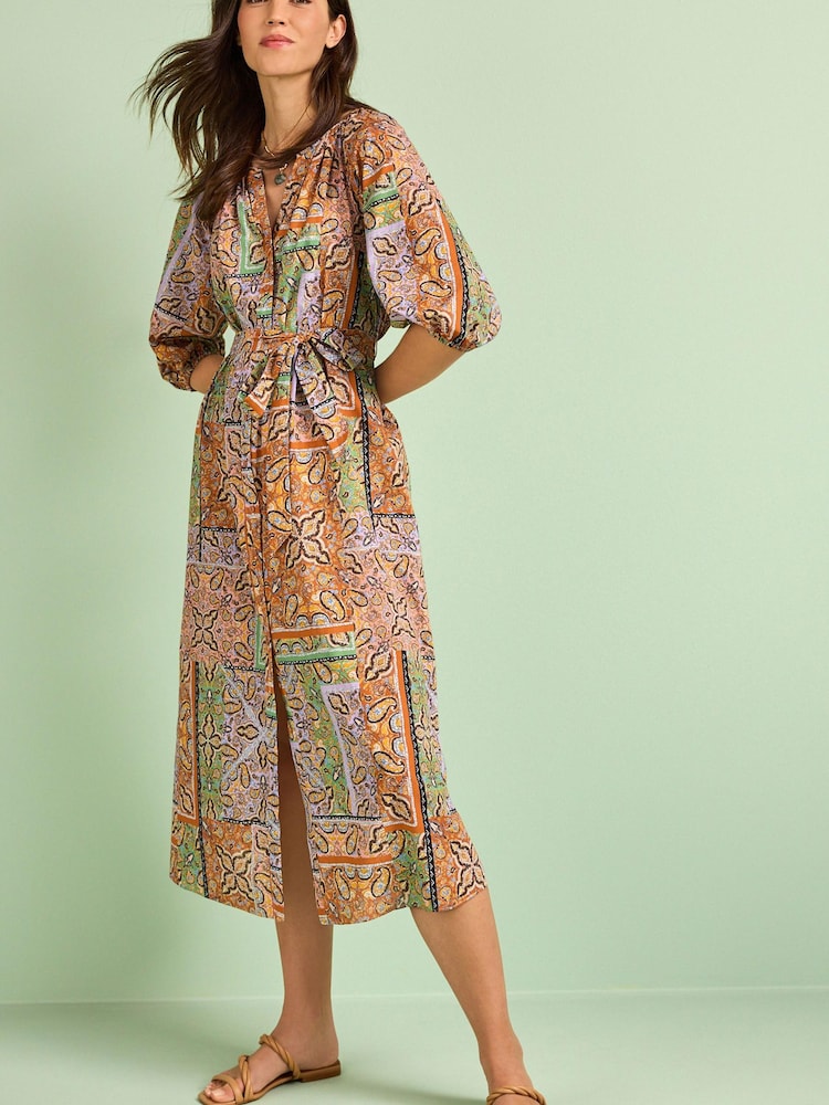 Orange, Paisleymuster - Midi-Hemdkleid aus 100 % Baumwolle - Bild 1 von 6