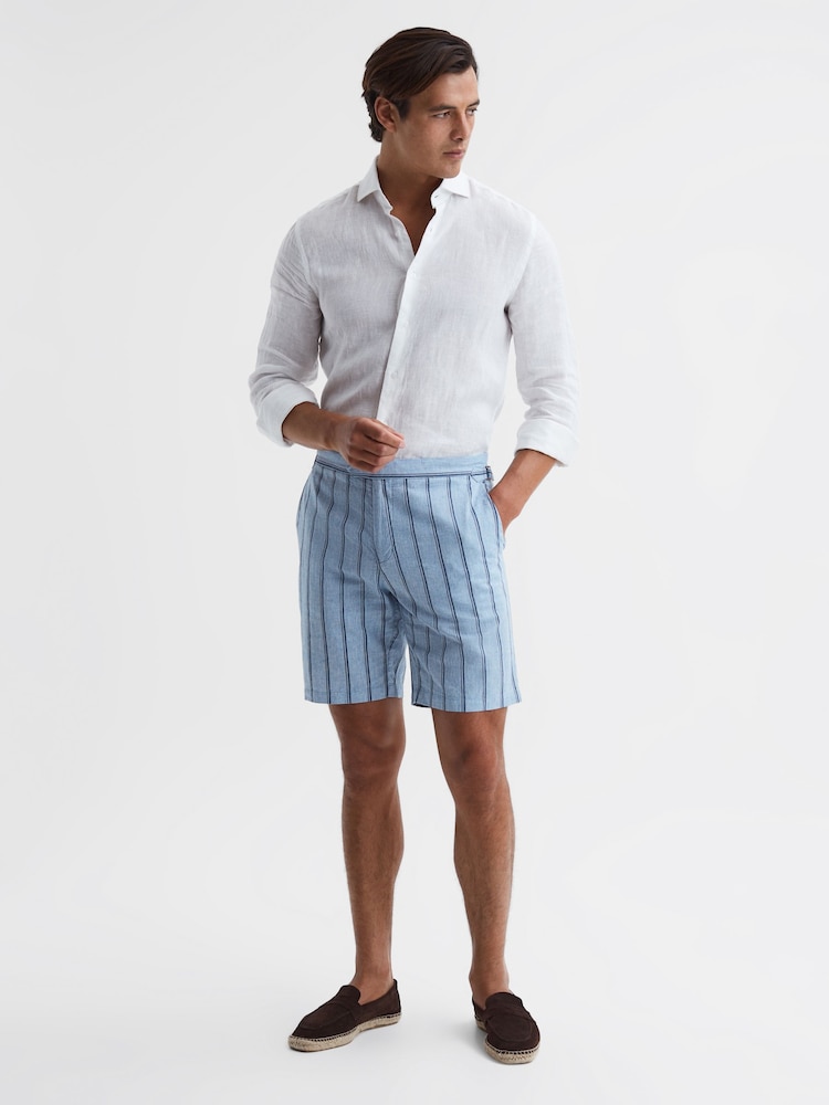 Reiss Soft Blue Amalfi Cotton-Linen Striped Shorts - Image 1 of 5
