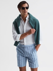 Reiss Soft Blue Amalfi Cotton-Linen Striped Shorts - Image 3 of 5