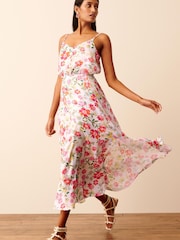 White Floral Satin Slip Midi Dress - Image 1 of 6
