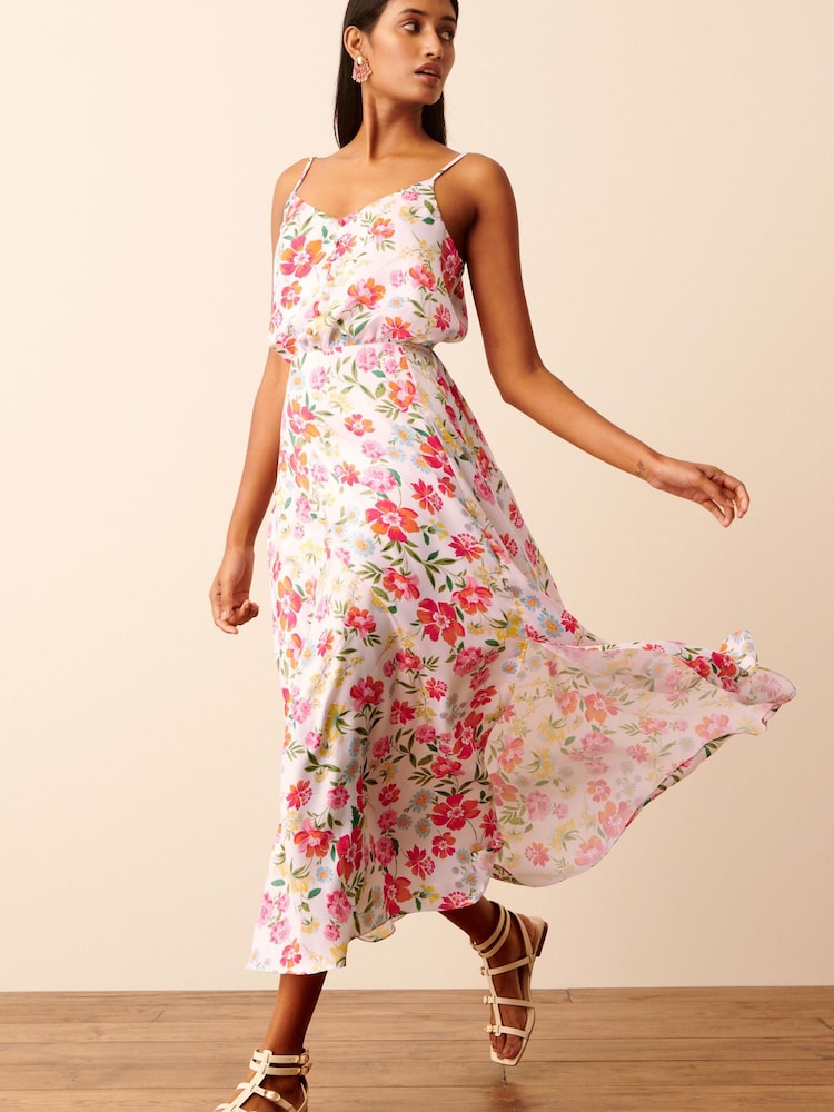 White Floral Satin Slip Midi Dress - Image 1 of 6
