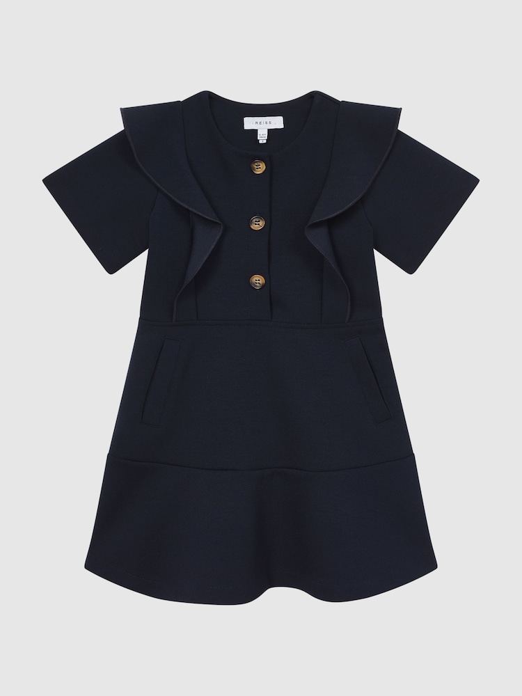 Reiss Navy Fearne Junior Ruffle Sleeve Button Dress - Image 2 of 7
