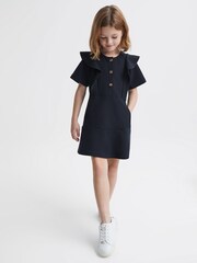 Reiss Navy Fearne Junior Ruffle Sleeve Button Dress - Image 3 of 7