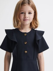 Reiss Navy Fearne Junior Ruffle Sleeve Button Dress - Image 4 of 7