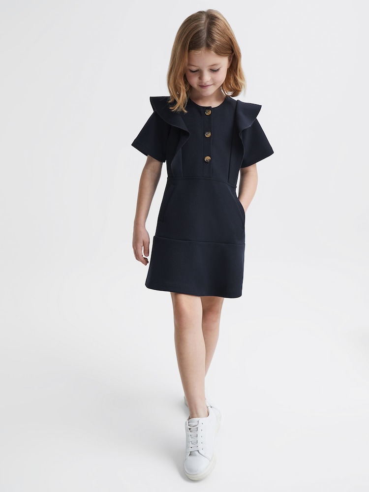 Reiss Navy Fearne 9-14 yrs Ruffle Sleeve Button Dress - Image 1 of 7