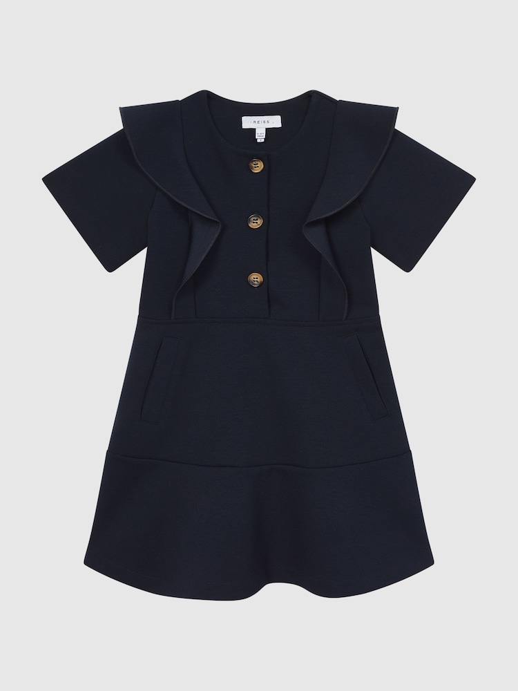 Reiss Navy Fearne 9-14 yrs Ruffle Sleeve Button Dress - Image 2 of 7