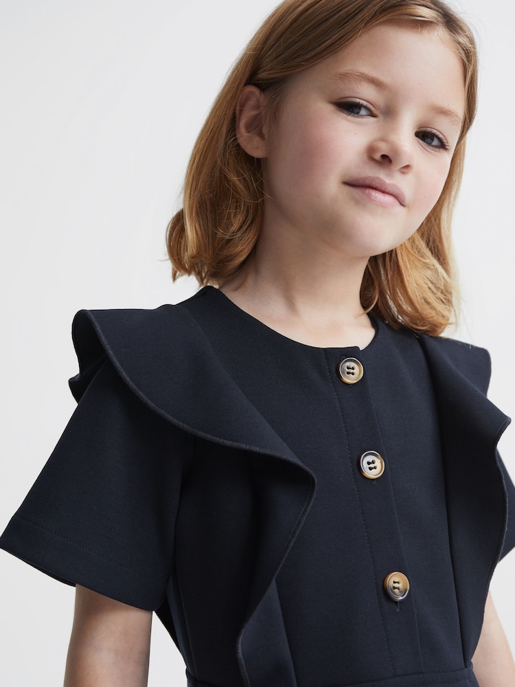 Reiss Navy Fearne 9-14 yrs Ruffle Sleeve Button Dress - Image 6 of 7