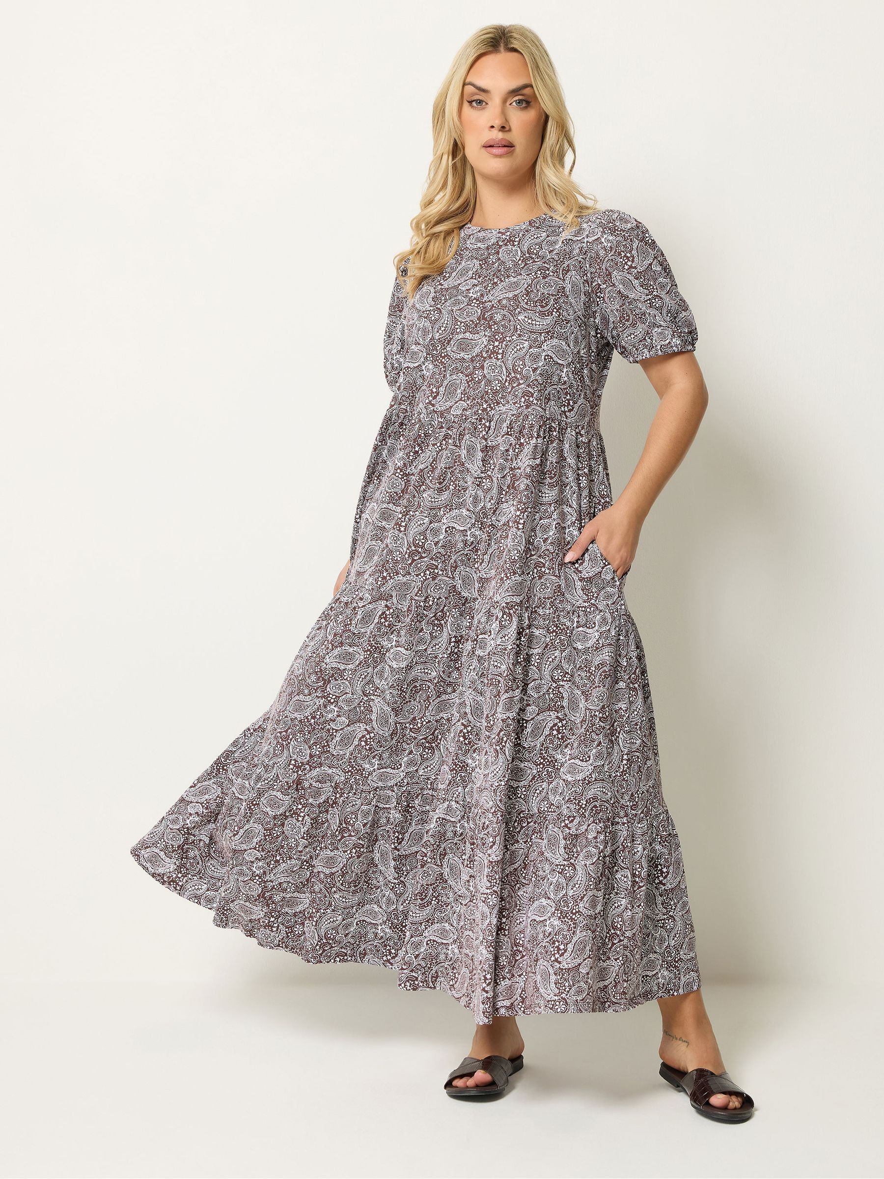Yours Curve Women's Brown Puff Sleeve Tiered Maxi Dress