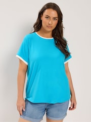 Yours Curve Blue Premium Interlock Ringer T-Shirt - Image 1 of 6