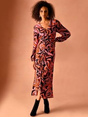 Ro&Zo Pink Swirl Print Gathered Detail Midi Dress - Image 3 of 6