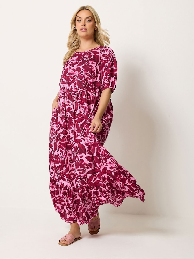 Yours Curve Pink Tiered Smock Maxi Dress - Image 1 of 5