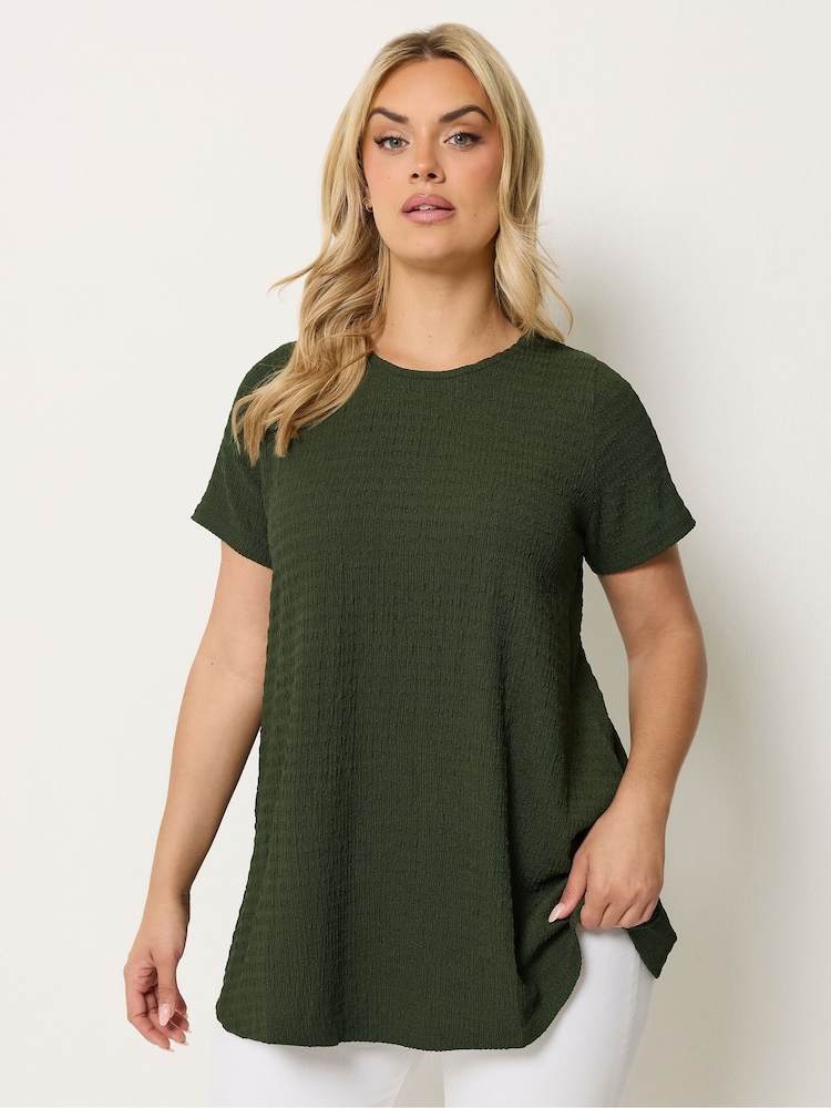 Yours Curve Khaki Green Short Sleeve Textured Swing Top - Image 1 of 5 Yours Curve Khaki Green Short Sleeve Textured Swing Top - Image 1 of 5