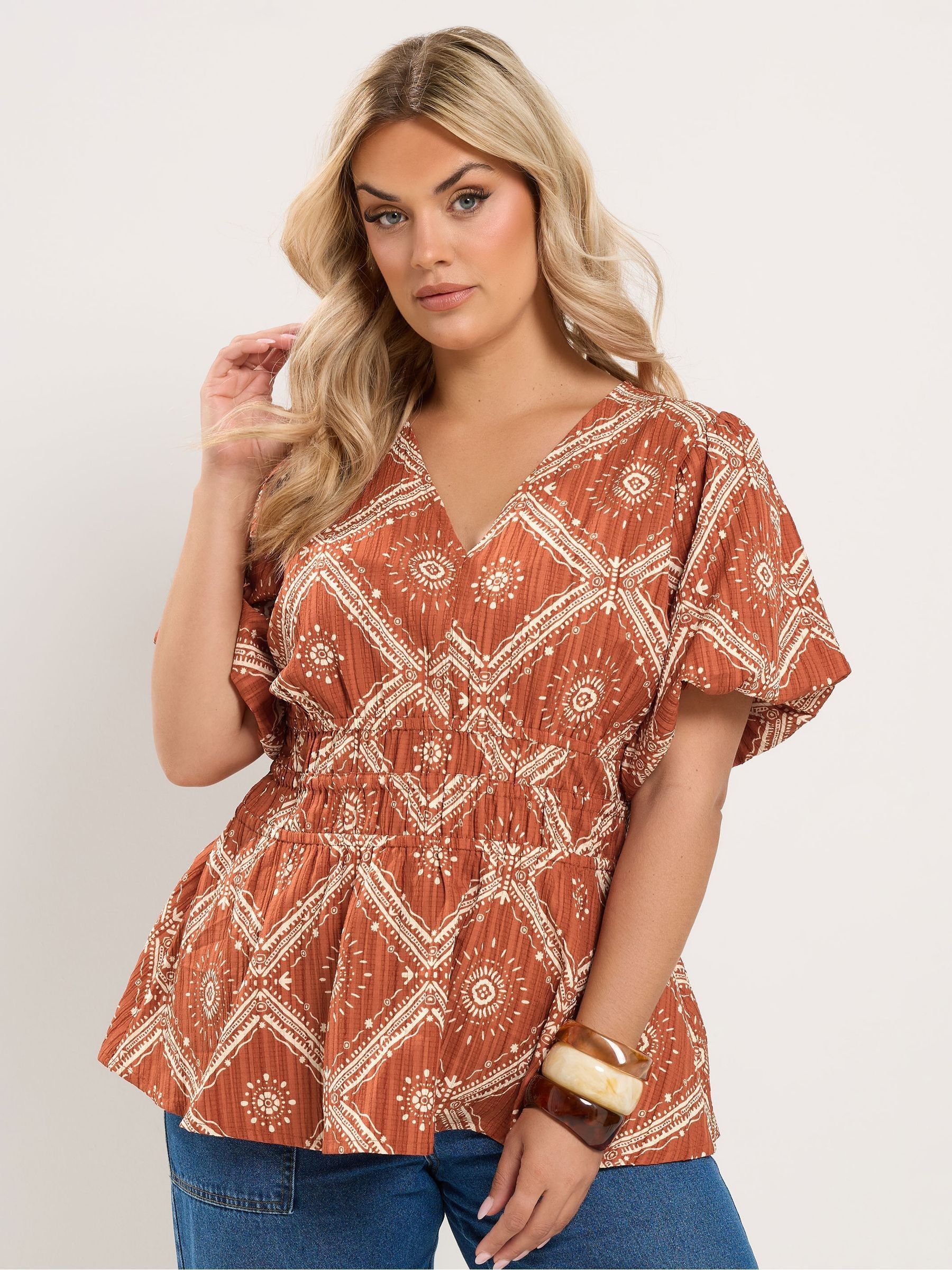 Yours Women's Orange Abstract Puff Sleeve Blouse In | Size: 26/28 - Image 6