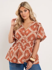 Yours Curve Brown Puff Sleeve Shirred Blouse - Image 1 of 7