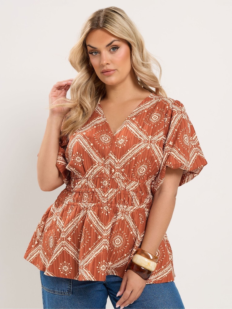 Yours Curve Brown Puff Sleeve Shirred Blouse - Image 1 of 7 Yours Curve Brown Puff Sleeve Shirred Blouse - Image 1 of 7
