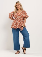 Yours Curve Brown Puff Sleeve Shirred Blouse - Image 2 of 7