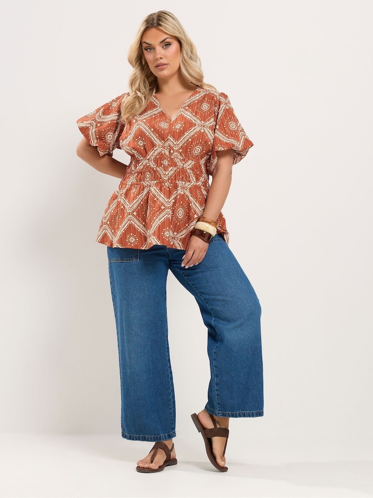 Yours Curve Brown Puff Sleeve Shirred Blouse - Image 2 of 7 Yours Curve Brown Puff Sleeve Shirred Blouse - Image 2 of 7