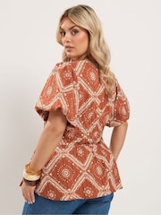Yours Curve Brown Puff Sleeve Shirred Blouse - Image 3 of 7