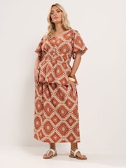 Yours Curve Brown Puff Sleeve Shirred Blouse - Image 4 of 7