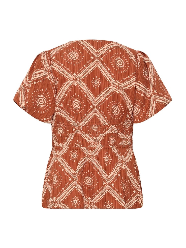 Yours Curve Brown Puff Sleeve Shirred Blouse - Image 7 of 7 Yours Curve Brown Puff Sleeve Shirred Blouse - Image 7 of 7