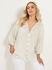 Yours Curve Cream Chambray 3/4 Sleeve Blouse - Image 1 of 5