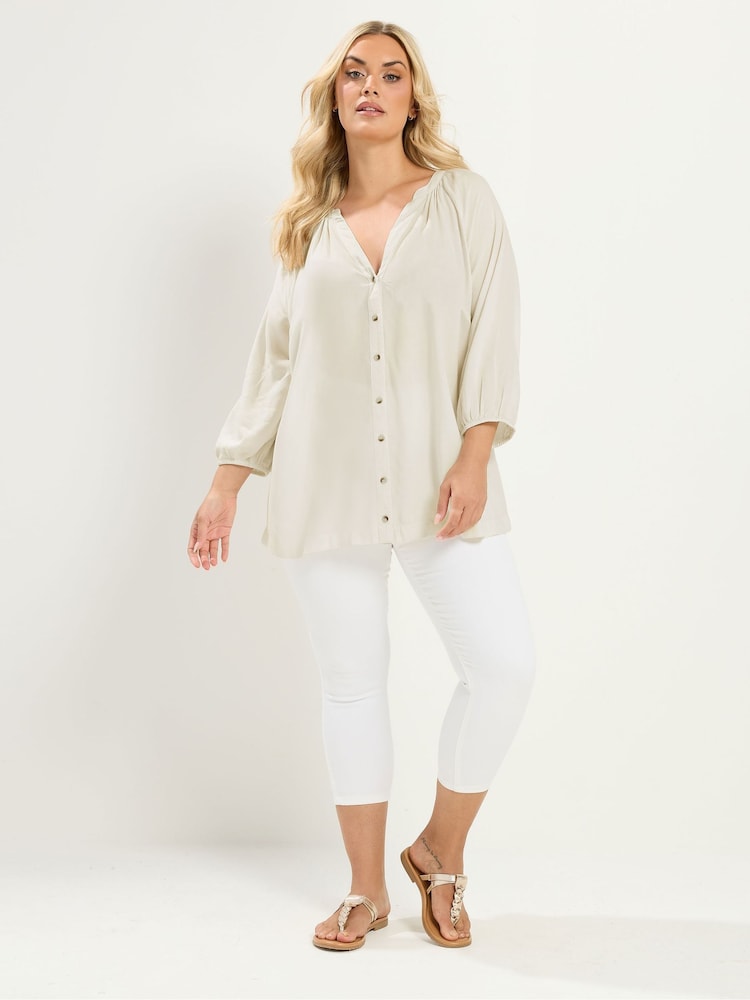 Yours Curve Cream Chambray 3/4 Sleeve Blouse - Image 2 of 5 Yours Curve Cream Chambray 3/4 Sleeve Blouse - Image 2 of 5