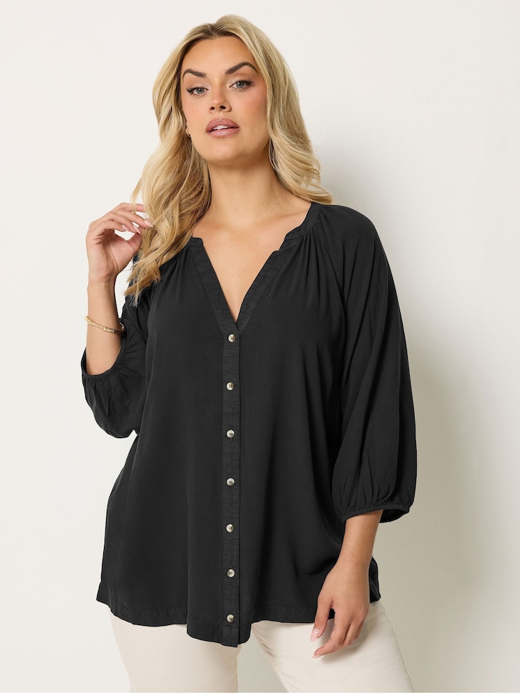 Yours Curve Black Chambray 3/4 Sleeve Blouse - Image 1 of 5 Yours Curve Black Chambray 3/4 Sleeve Blouse - Image 1 of 5