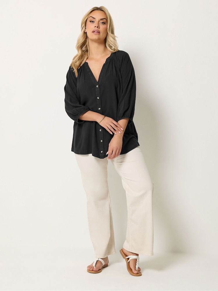 Yours Curve Black Chambray 3/4 Sleeve Blouse - Image 2 of 5 Yours Curve Black Chambray 3/4 Sleeve Blouse - Image 2 of 5