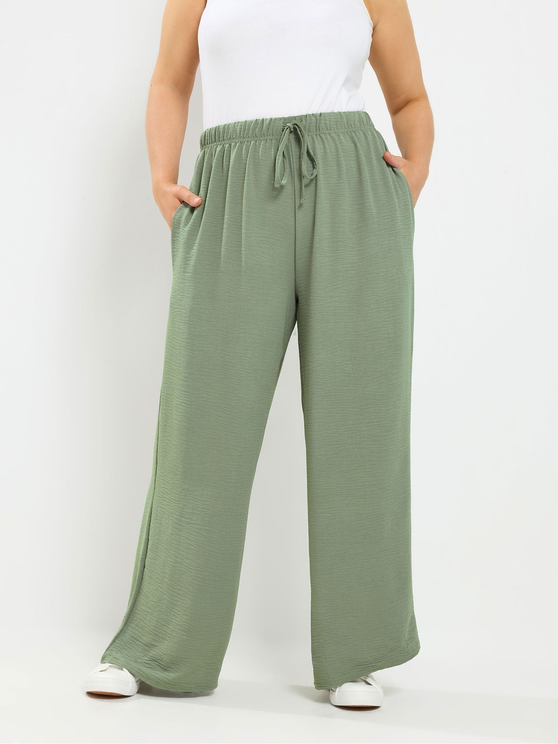 Yours Curve Women's Green Washed Twill Wide Leg Trousers
