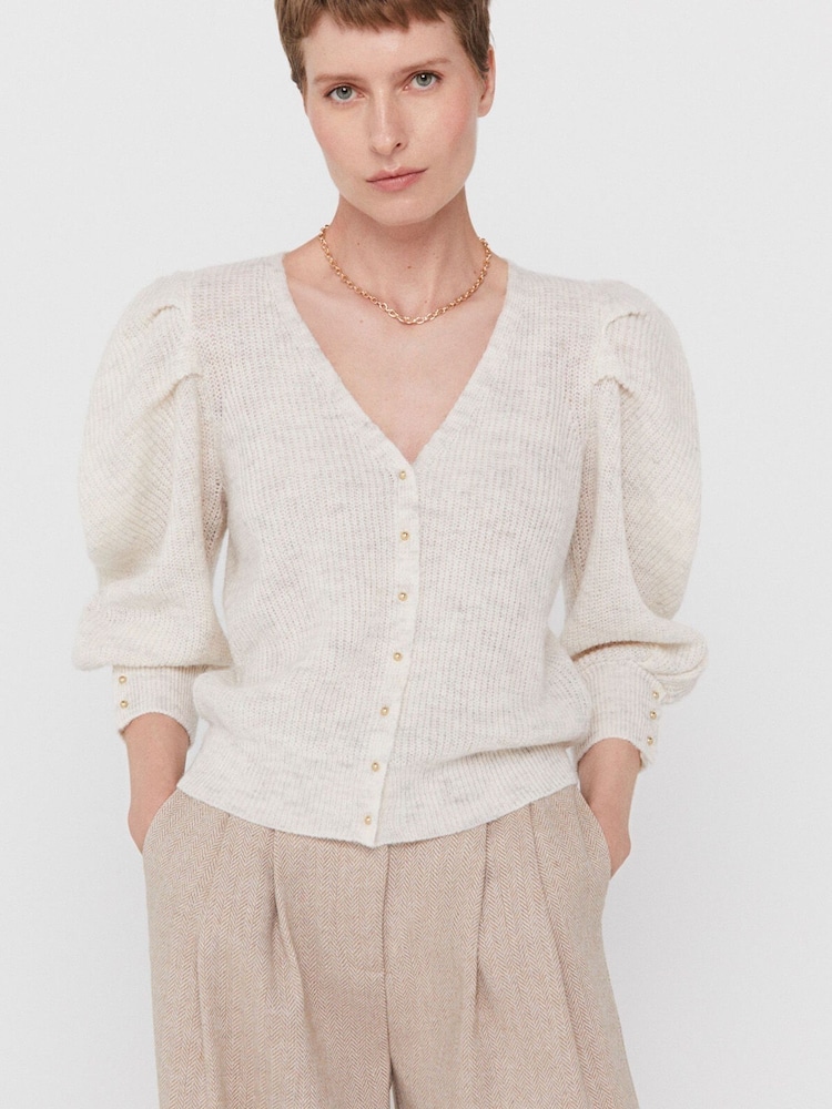 Cortefiel Natural Puffed Sleeve Cardigan - Image 1 of 4 Cortefiel Natural Puffed Sleeve Cardigan - Image 1 of 4