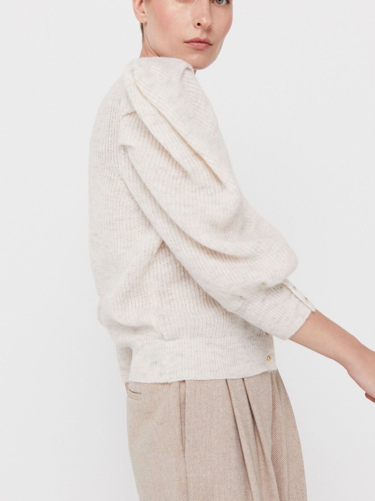 Cortefiel Natural Puffed Sleeve Cardigan - Image 2 of 4 Cortefiel Natural Puffed Sleeve Cardigan - Image 2 of 4