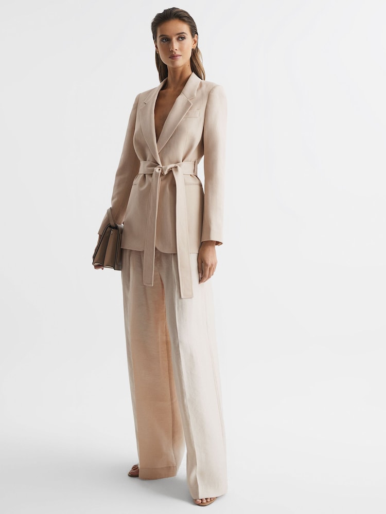 Reiss Neutral Lylah Single Breasted Tie Front Blazer - Image 1 of 7
