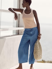 Dark Blue Denim TENCEL™ Tie Waist Wide Leg Culottes - Image 1 of 1