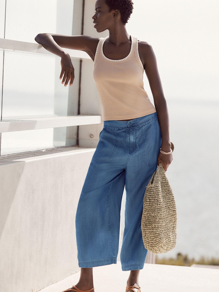Dark Blue Denim TENCEL™ Tie Waist Wide Leg Culottes - Image 1 of 1