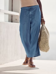 Dark Blue Denim TENCEL™ Tie Waist Wide Leg Culottes - Image 2 of 6