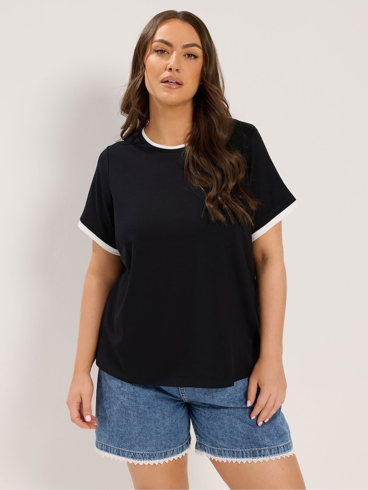 Yours Curve Black Premium Interlock Ringer T-Shirt - Image 1 of 6