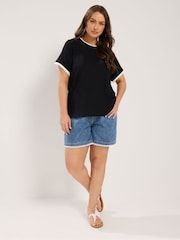 Yours Curve Black Premium Interlock Ringer T-Shirt - Image 2 of 6