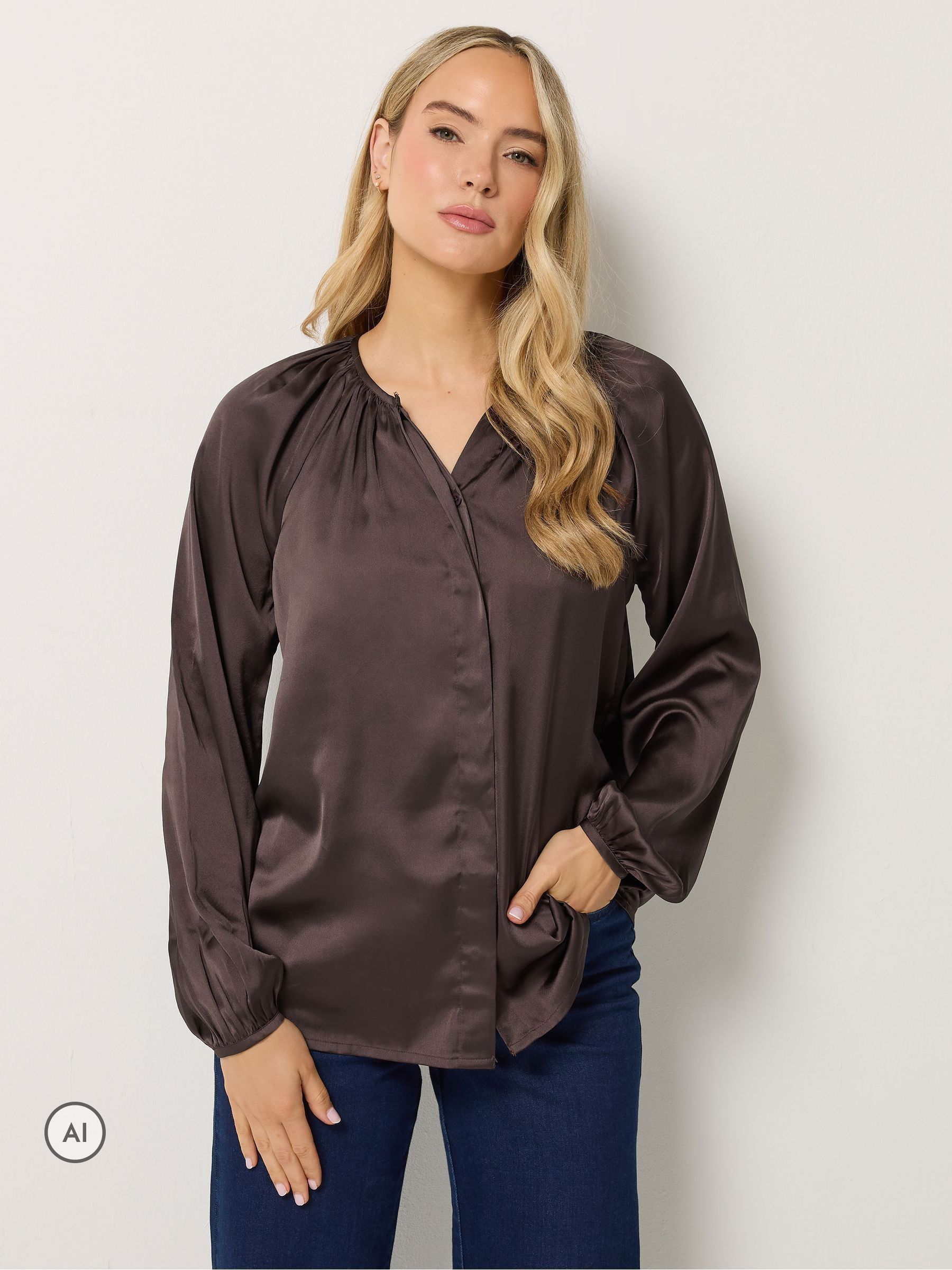 Long Tall Sally Women's Chocolate Tall Satin Button Top In | : Size 22 - Image 2