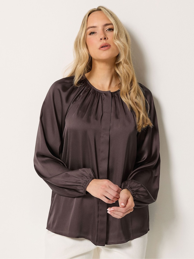 Long Tall Sally Brown Button Through Satin Top - Image 1 of 6 Long Tall Sally Brown Button Through Satin Top - Image 1 of 6