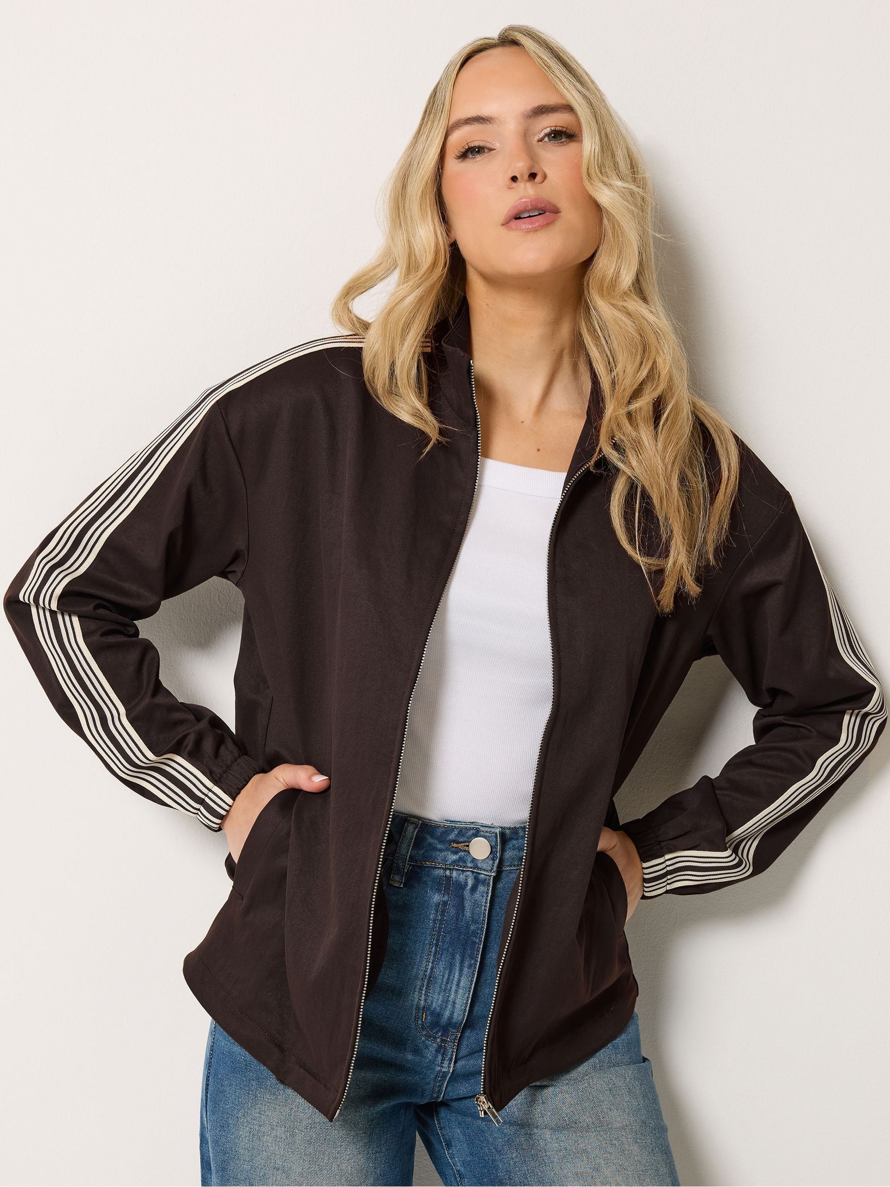 Long Tall Sally Women's Brown Side Stripe Cotton Funnel Neck Jacket - Image 4