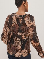 Black & Grey Feather Print Long Sleeve V-Neck Sheer Blouse with Lace Trim Detail - Image 2 of 4