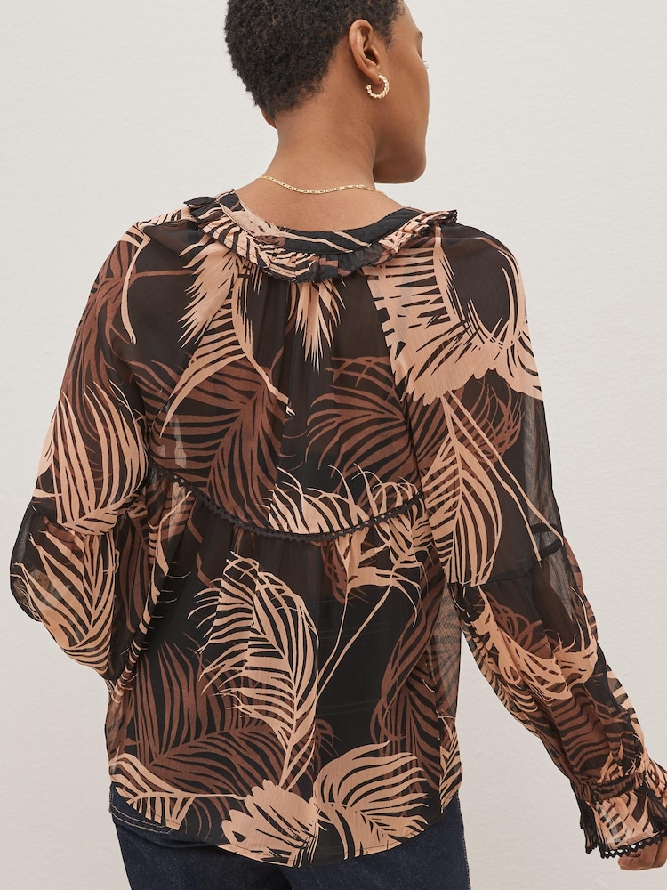 Black & Grey Feather Print Long Sleeve V-Neck Sheer Blouse with Lace Trim Detail - Image 2 of 4