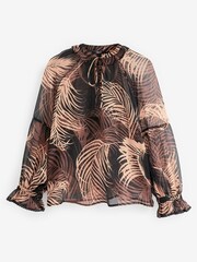 Black & Grey Feather Print Long Sleeve V-Neck Sheer Blouse with Lace Trim Detail - Image 4 of 4