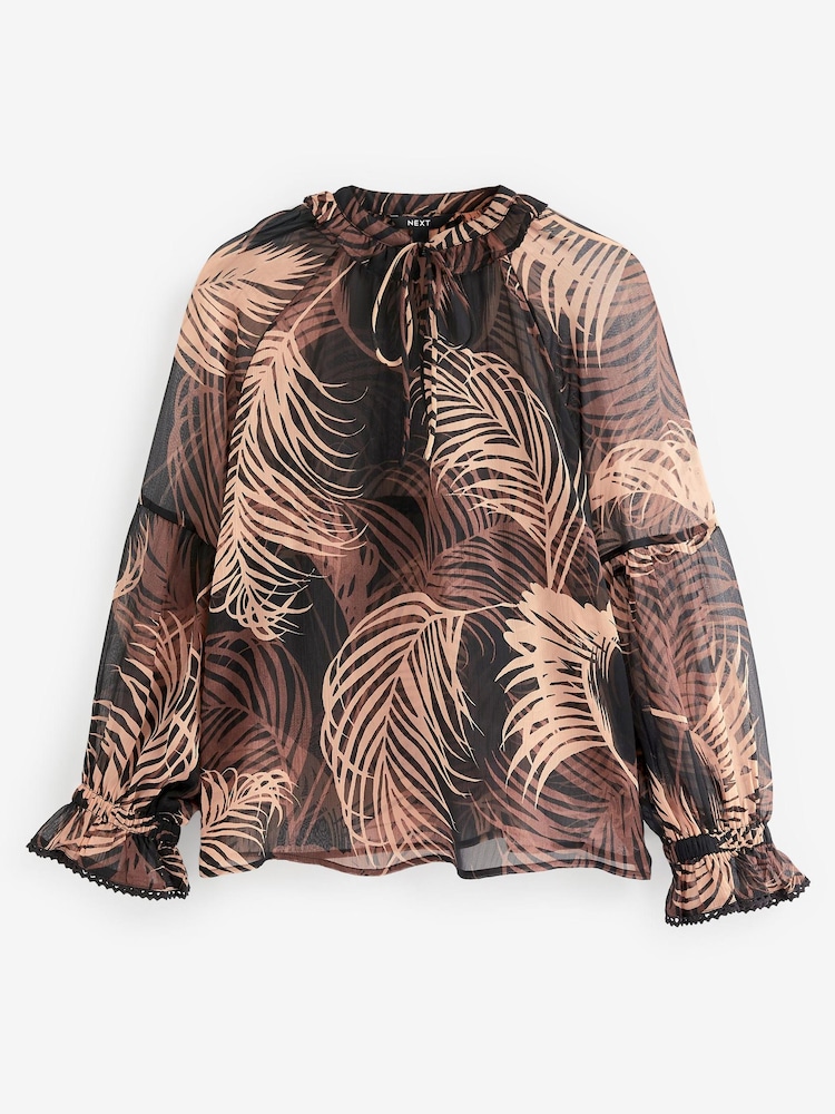 Black & Grey Feather Print Long Sleeve V-Neck Sheer Blouse with Lace Trim Detail - Image 4 of 4